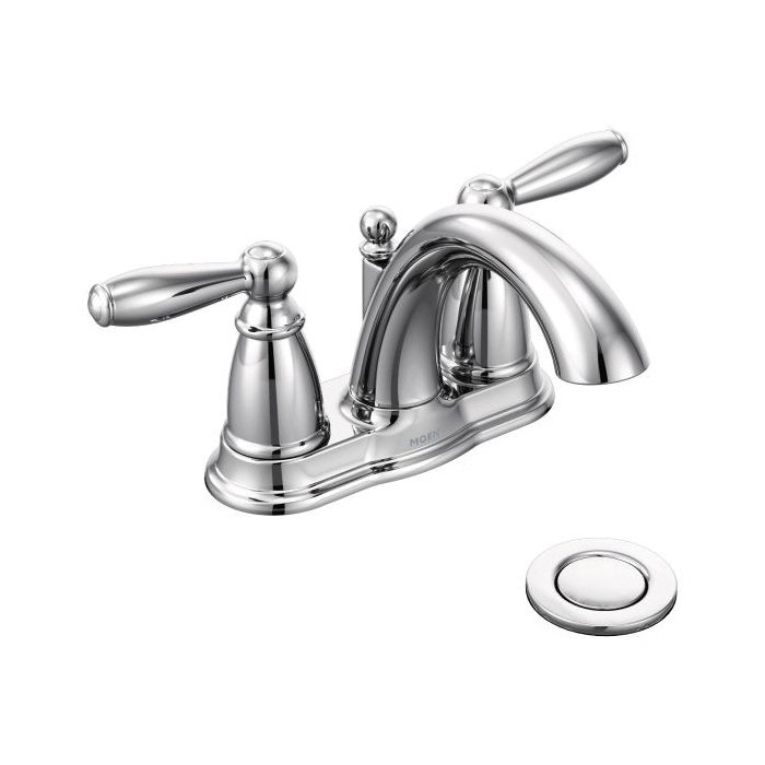 Moen® 66610 Centerset Bathroom Faucet, Brantford™, Chrome Plated, 2 Handles, 50/50 Pop-Up Drain, 1.5 gpm