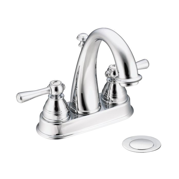 Moen® 6121 Centerset Bathroom Faucet, Kingsley™, Chrome Plated, 2 Handles, Metal Pop-Up Drain, 1.2 to 1.5 gpm