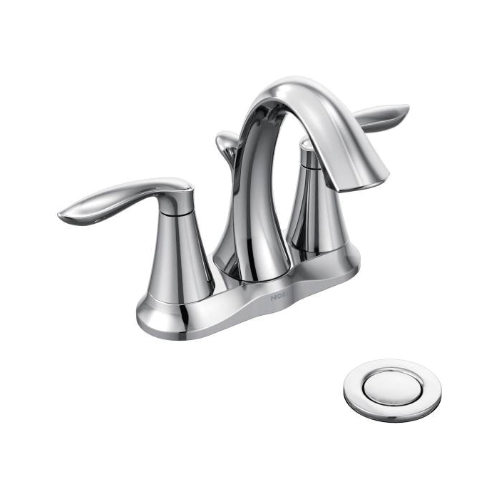 Moen® 66411 Centerset Bathroom Faucet, Eva®, Chrome Plated, 2 Handles, Metal Pop-Up Drain, 1.5 gpm