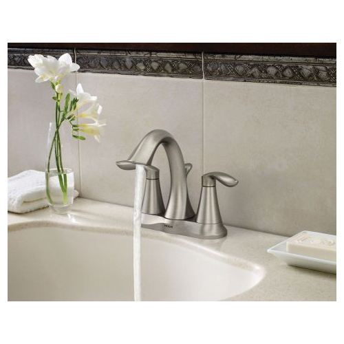Moen® 6410BN Centerset Bathroom Faucet, Eva®, Brushed Nickel, 2 Handles, Metal Pop-Up Drain, 1.5 gpm