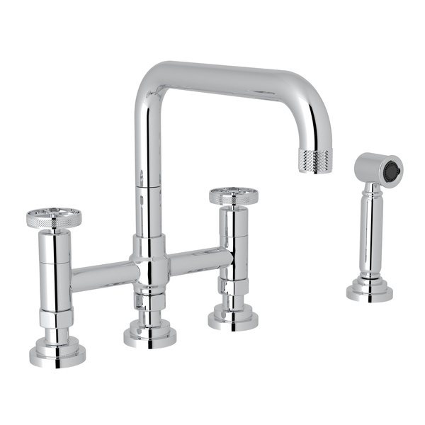 A3358IWWSAPC-2 Campo Deck Mount U-Spout 3 Leg Bridge Faucet with Sidespray and Industrial Metal Wheel Handles, Polished Chrome