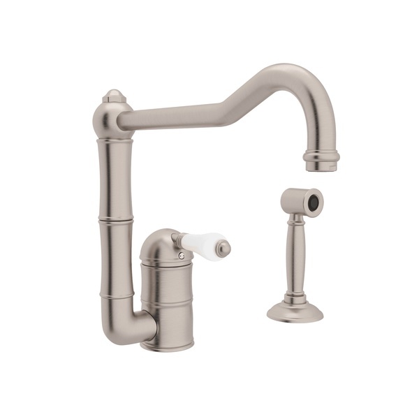 A3608/11LPWSSTN-2 Acqui® Extended Spout Kitchen Faucet With Side Spray, Porcelain Lever, Satin Nickel