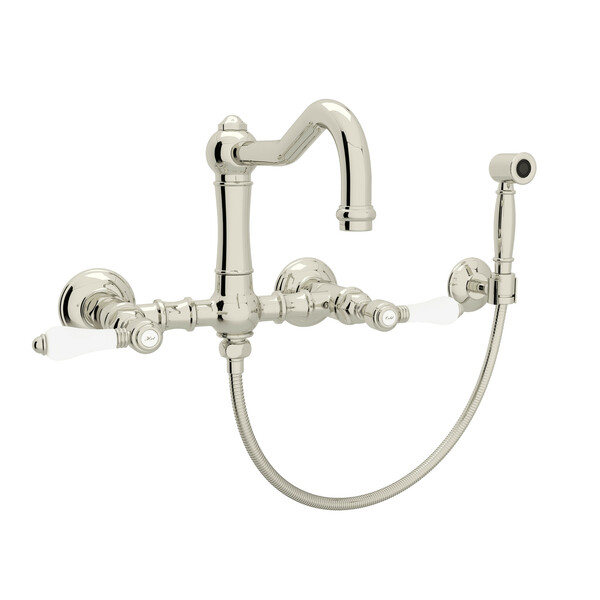 A1456LPWSPN-2 Country Kitchen Wall Mounted Column Spout Bridge Faucet with Sidespray, White Porcelain Lever, Polished Nickel