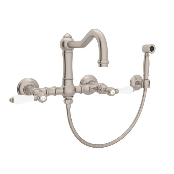 A1456LPWSSTN-2 Country Kitchen Wall Mounted Column Spout Bridge Faucet with Sidespray, White Porcelain Lever, Satin Nickel
