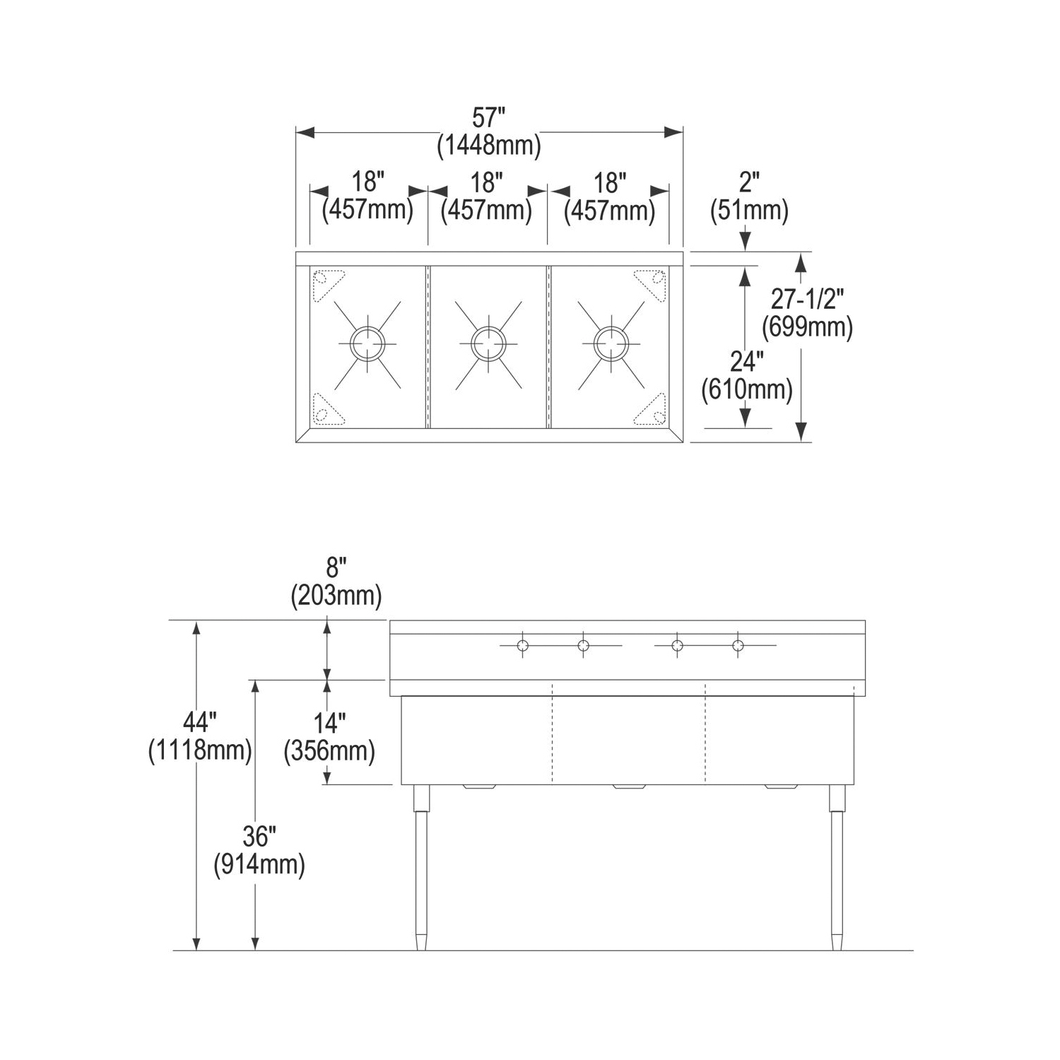 Elkay Wnsf8354of4 Weldbilt Scullery Sink 57 In Lx27 1 2 In Wx44 In H Floor Mount 304 Stainless Steel 3 Bowls 8 In Faucet Hole Spacing 8 In Backsplash First Supply