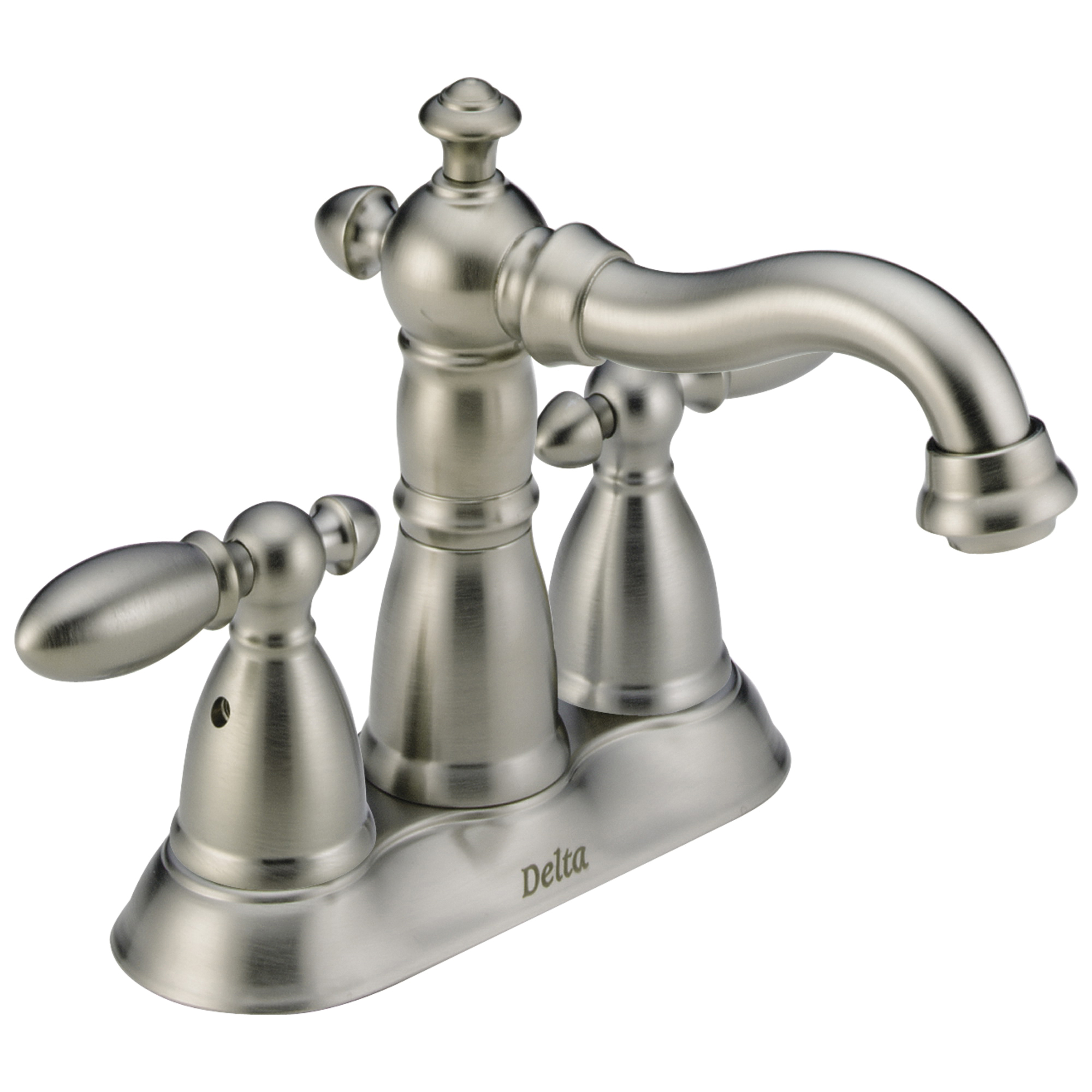 DELTA® 2555-SSMPU-DST Centerset Lavatory Faucet, Victorian®, Stainless Steel, 2 Handles, Metal Pop-Up Drain, 1.2 gpm