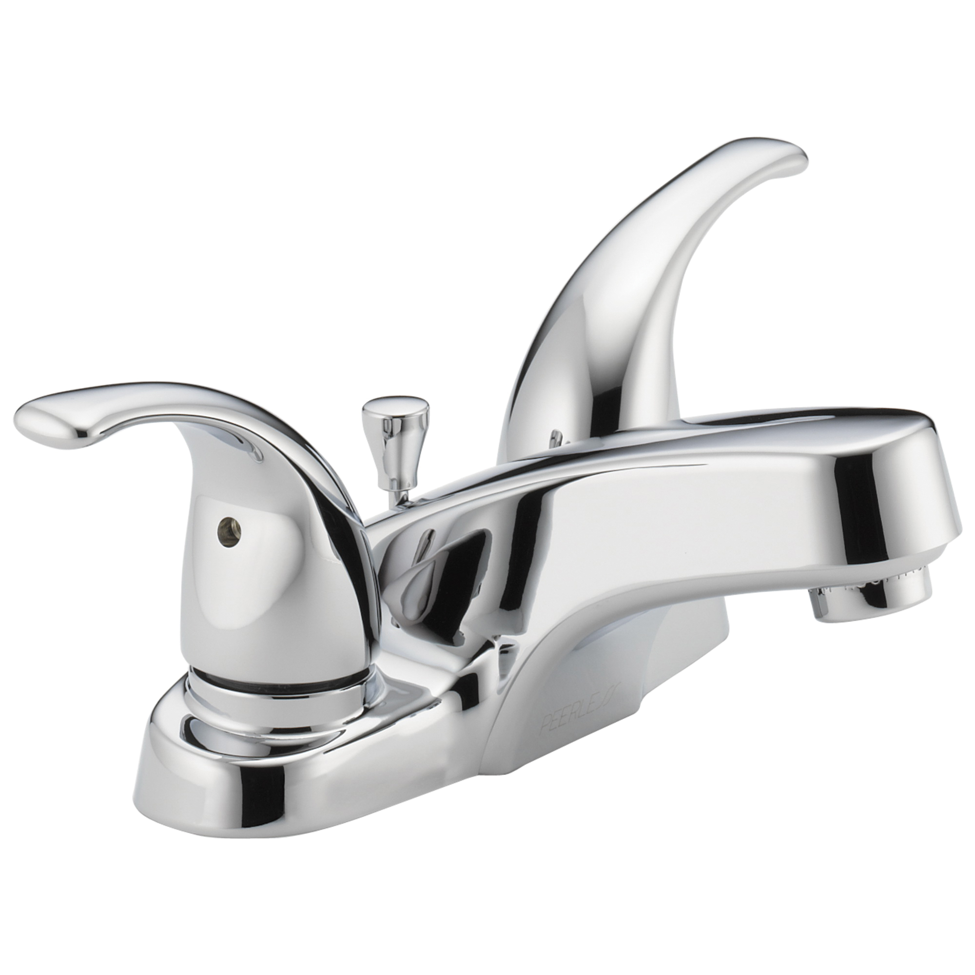 Peerless® P299628LF Centerset Lavatory Faucet, Chrome Plated, 2 Handles, Plastic Pop-Up Drain, 1.2 gpm
