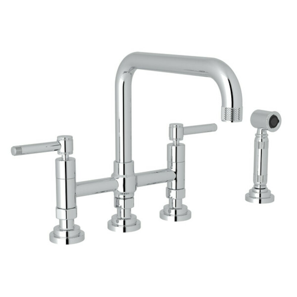 A3358ILWSAPC-2 Campo Deck Mount U-Spout 3 Leg Bridge Faucet With Sidespray with Industrial Metal Lever Handle, Polished Chrome