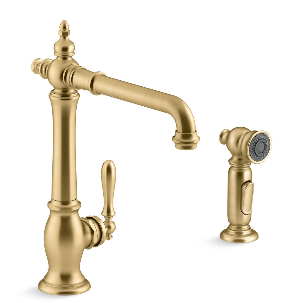 99265-2MB Artifacts® 2-Hole Kitchen Faucet with Swing Spout, Victorian Spout Design, Brushed Brass