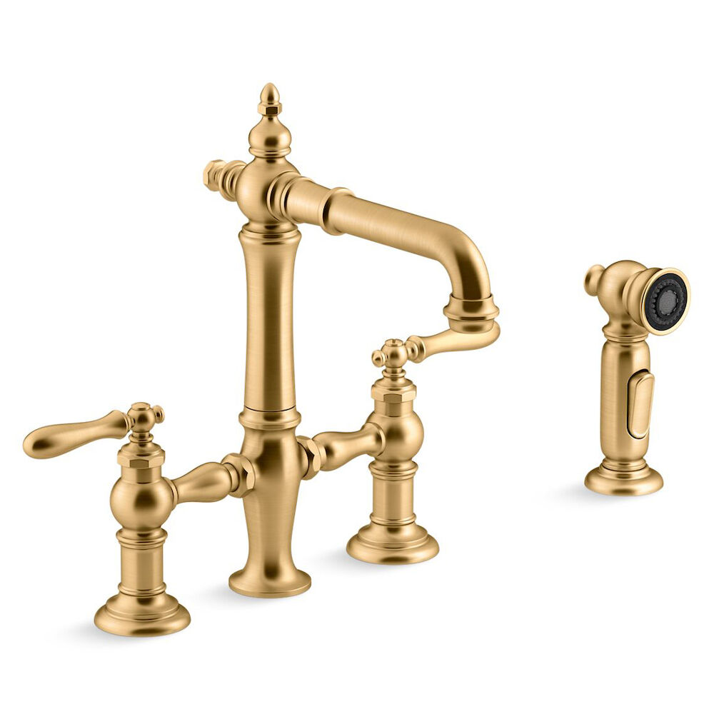 76520-4-2MB Artifacts® Deck-Mount Bridge Bar Sink Faucet with Lever Handles and Sidespray, Brushed Brass