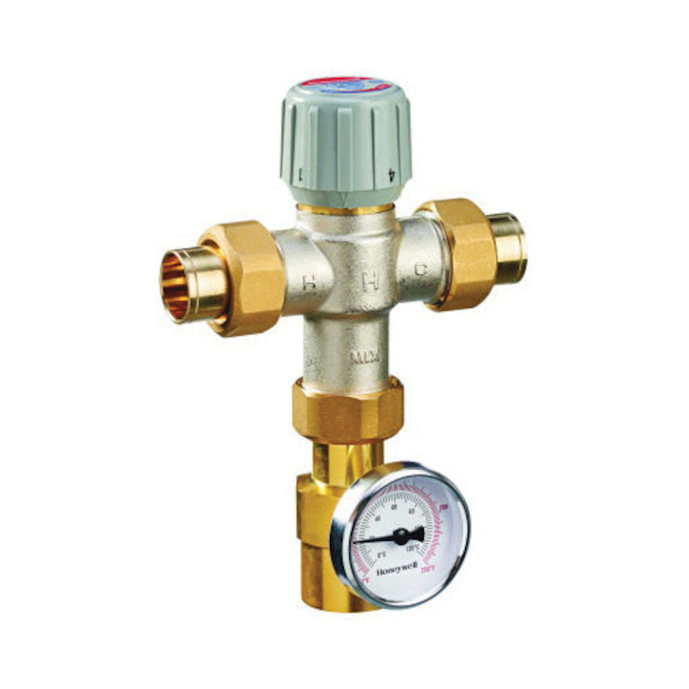 AM102R-USTG-1/U AM-1 Series™ Straight Through Design Thermostatic Mixing Valve With Temperature Gauge, Brass Body