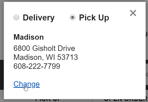 Delivery vs Pick Up pop-up