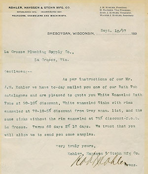 Kohler Bath Fixtures Quote, 1897